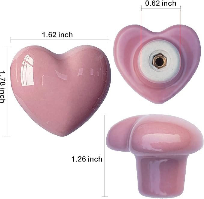 Ceramic Drawer Knobs Heart Shape Cabinet Dresser Pulls Handles with 3 Sized Screws, Kitchen Furniture Knobs for Closet Cupboard Wardrobe (2 Pack, Pink)