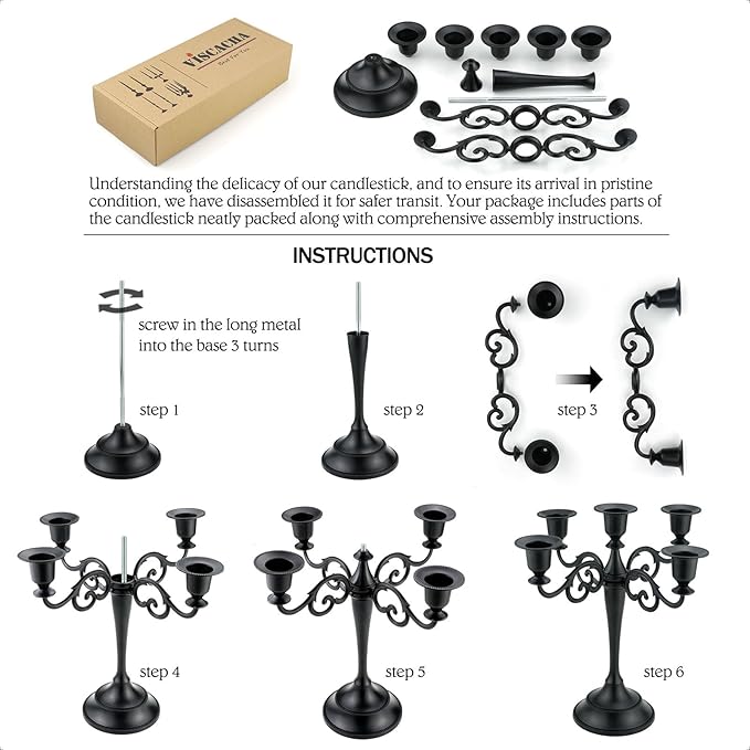 Metal Candle Holders 5 Wicks Black Candle Holders for Candlesticks Taper Candles（10.6 inch Tall Candelabra, for 1/2-1 inch Pillar Candles Diameter Each）,Candle Stand Decoration