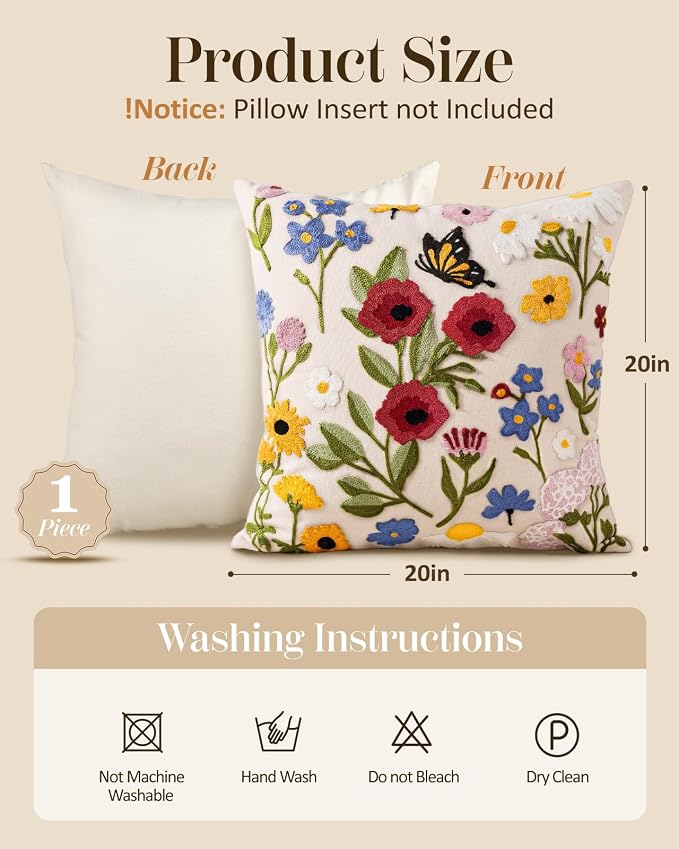 Embroidered Throw Pillow Cover 20x20 Inch, Retro Flower | Decorative Pillow - Image 4