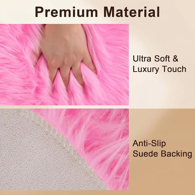 duduta Hot Pink Faux Fur Sheepskin Round Rug 4x4 ft, Fluffy Shag Circle Rug | - Image 3