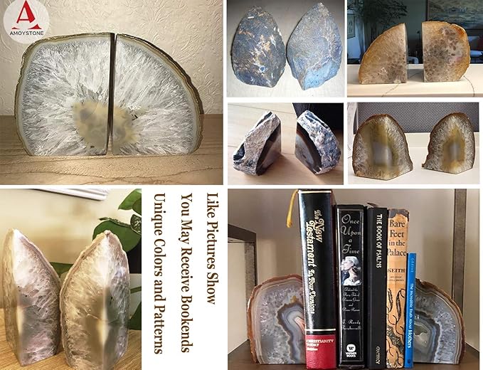 AMOYSTONE Agate Geode Bookends Decorative Crystal Stone Book Ends Heavy Duty Home Office Decor Nature Brown with Rubber Bumpers(1 Pair, 6-8 LBS)