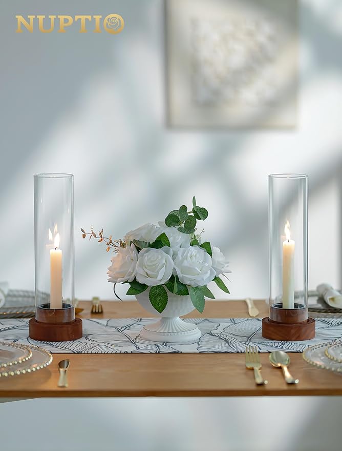 NUPTIO Dripless Taper Candle Holders with Wax Catchers: Set of 2 Hurricane Glass Candlestick Holders with Metal Bobeches for Easier Reuse - Brown Wood Modern Table Centerpiece for Outdoor Dinner