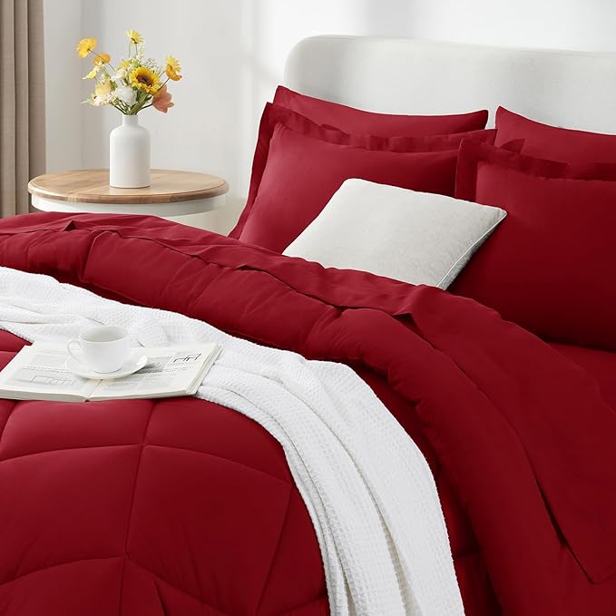 CozyLux Queen Comforter Set Dark Red - Bed in a Bag Queen Size 7 Pieces, Luxury Soft Bed Set for All Seasons, Bedding Set with Down Alternative Comforter, Sheets, Pillowcases & Shams