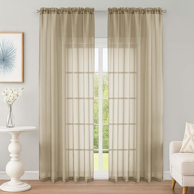 Taupe Sheer Curtain 90 Inches Long 2 Panels Set, Solid Filmy Drapes by OWENIE
