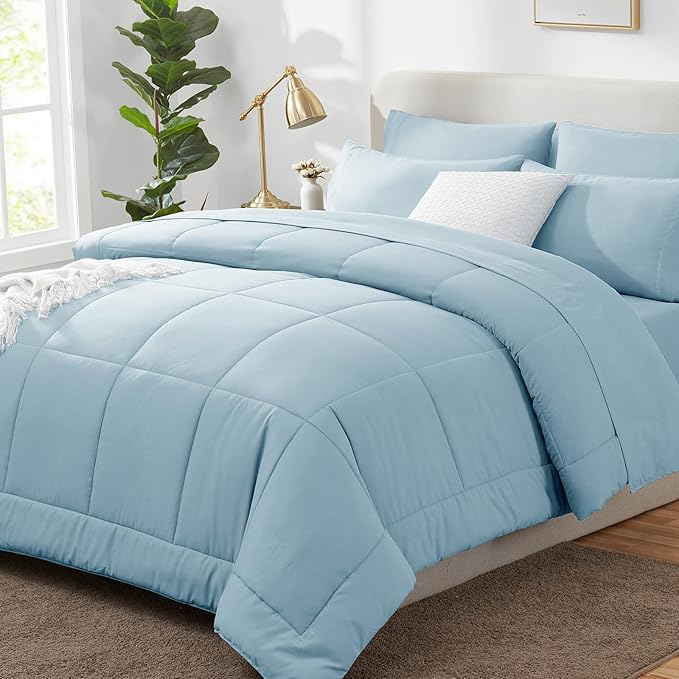 CozyLux Twin XL Comforter Set Light Blue, 5 Pieces Twin Extra Long Bed in a Bag for College Dorm, All Season Bedding Set with Stitch Quilted Comforter, Flat Sheet, Fitted Sheet, Pillowcases
