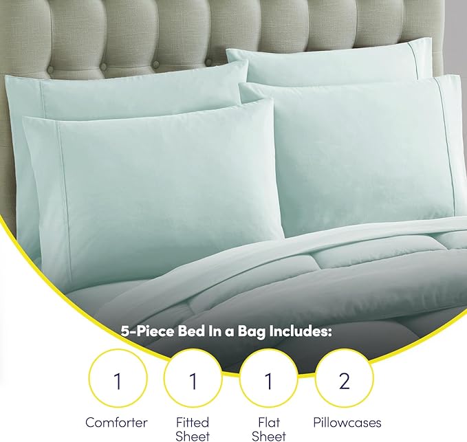 Sweet Home Collection 7 Piece Comforter Set Bag Solid Color All Season Soft Down Alternative Blanket & Luxurious Microfiber Bed Sheets, Aqua, Twin