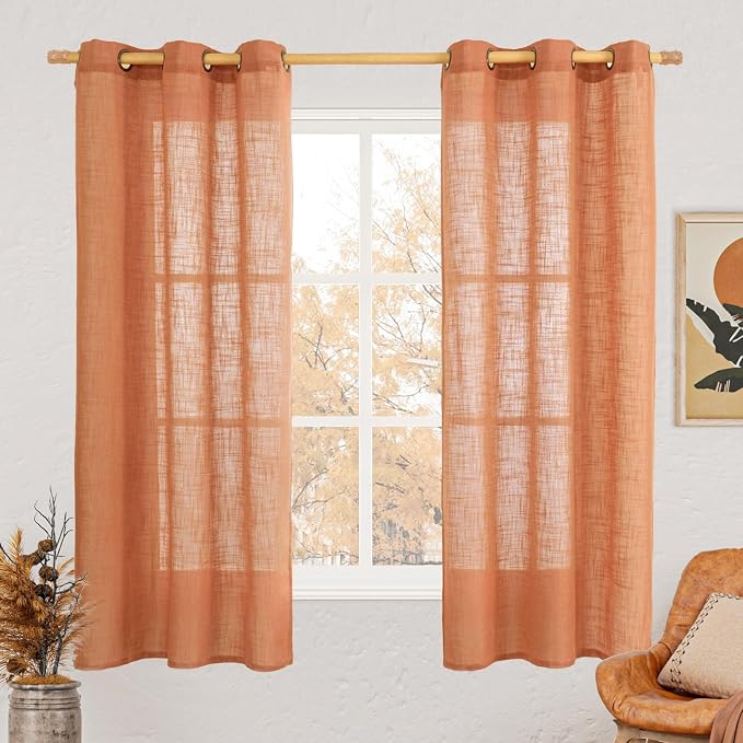 Burnt Orange Semi Sheer Linen Curtains 63 Inch Length, Light Filtering Panels by LAMIT