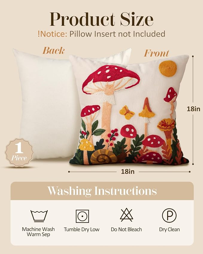 Embroidered Throw Pillow Cover 18x18 Inch, Mushroom Moon | Decorative Pillow - Image 4