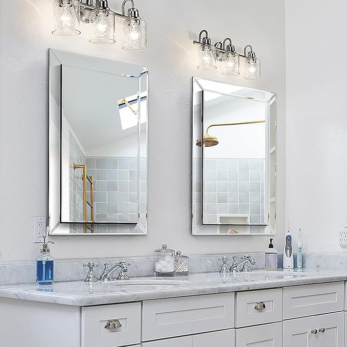 Pregaspor Mirror on Mirror Wall Mirror for Bathroom, 22" x 32" Rectangular Frameless Bathroom Vanity Mirrors for Wall, Polished Beveled Edge Decorative Mirrors for Living Room, Washroom and Bedroom