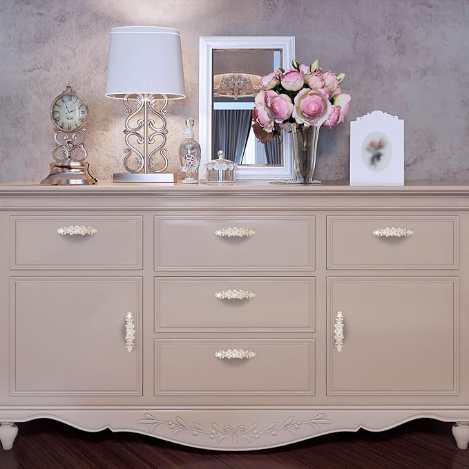 6Pcs European Rose Cabinet Pull Handles Decorative Pastoral European Style Handle Pull Vintage Flower Drawer Pull Vanity Nightstand Cupboard Knob Wardrobe Pull Handles, Zinc Alloy, 3.78"
