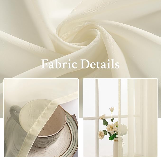 MIULEE Light Cream Sheer Curtains 54 X 72 Inches, 2 Panels | Solid Color - Image 3