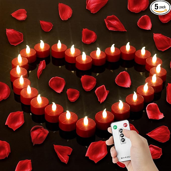 Tea Light Candles with Remote Control,Flickering Flameless LED Candle,Long Lasting 400+Hours,Battery Operated with Timer for Home Decoration Seasonal &Festival Celebration Red (5pcs)