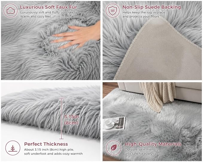 EasyJoy Faux Sheepskin Rug, 2 x 6 ft, Frosted Bottom Gray | Fluffy Faux Fur - Image 4