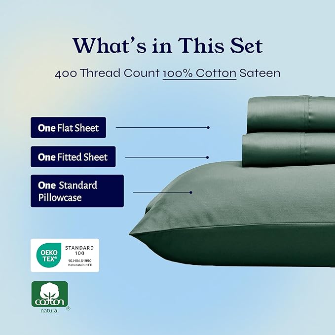 California Design Den Soft Twin Sheets Set - 400 Thread Count Sateen, Natural 100% Cotton Sheets, Deep Pockets, Cooling and Durable Bedding Set for Dorm Rooms & Adults - Hunter Green