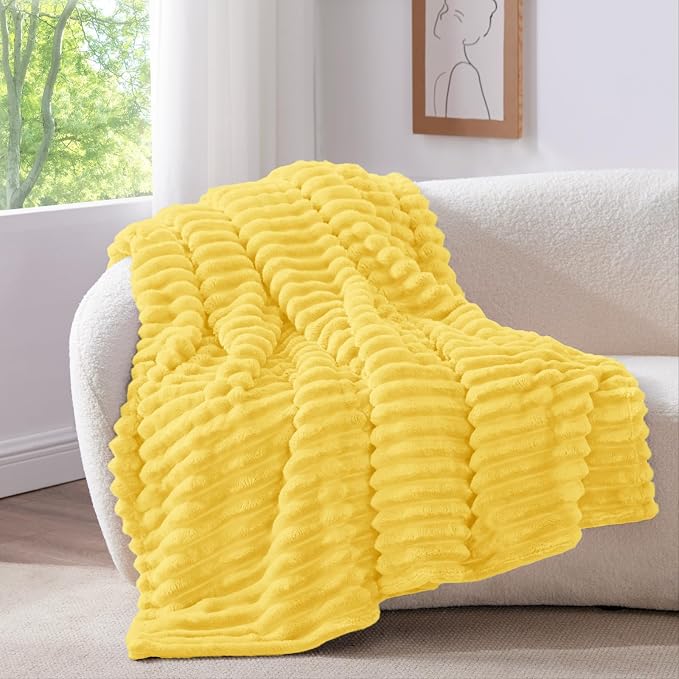 BEDELITE Striped Fleece Throw Blanket, Custard Yellow, Soft Cozy, Lightweight - Image 2