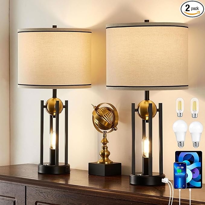25'' Farmhouse Table Lamps for Living Room Set of 2 with USB C+A Ports, Vintage Bedside Lamp for Bedroom, Touch Lamps for Nightstand, Dual Lights Independent Switch, 4 Bulbs Included, Gold