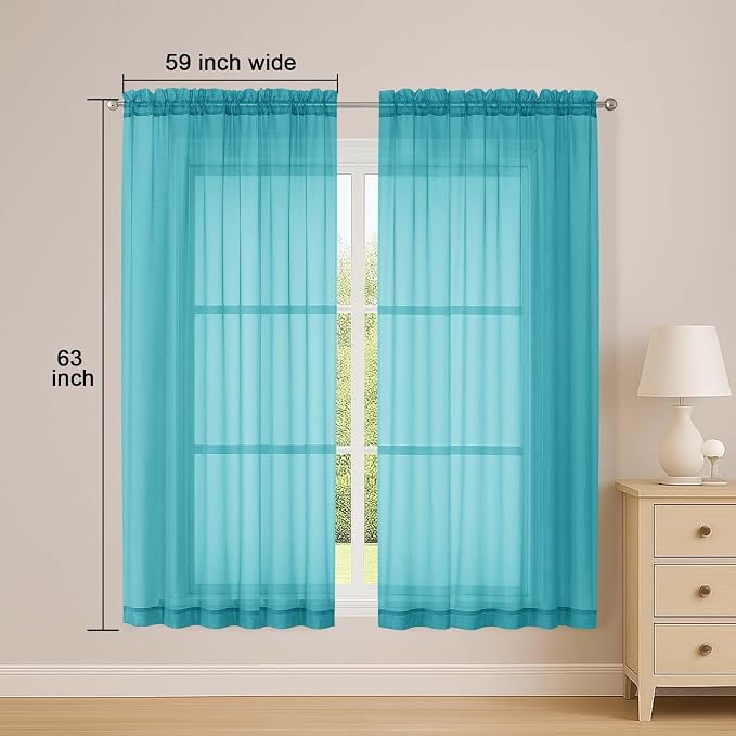 Sheer Turquoise Curtains, Sheer Curtains 63 inch Length 2 Panels Set, Rod - Image 2