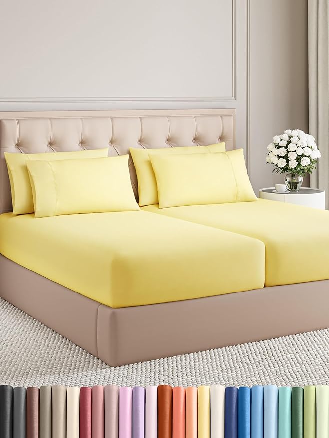 Split King 7 Piece Sheet Set - Comfy Breathable & Cooling - Ultra-Soft Hotel Luxury Bedding Set w/ 8-16 Inch Deep Pockets - 1 Flat & 2 Fitted Sheet & 4 Pillowcases - Wrinkle Free & Easy Care - Yellow