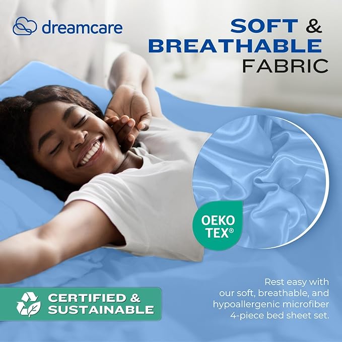 DREAMCARE Queen Size Sheets - Cooling Bed Sheets - 4pcs Set - up to 15" Deep Pocket Queen Sheet Set - Sheets Queen Size Bed - Soft & Long Lasting 100% Fine Brushed Polyester with Side Pocket - Lblue