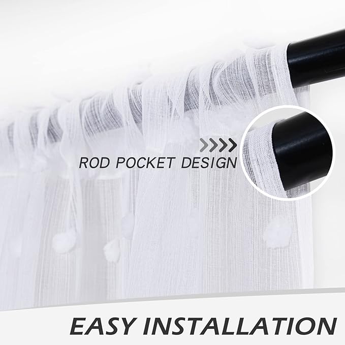 MYSKY HOME Short Curtains for Small Window - 45 Inch Long White Sheer Voile Panels with Pom Pom Trim for Kitchen, Bedroom, Living Room, Cafe, Nursery - 2 Sets - 52 x 45 Inch
