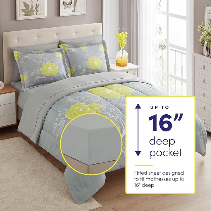 Sweet Home Collection 7 Piece Comforter Set Bag Solid Color All Season Soft Down Alternative Blanket & Luxurious Microfiber Bed Sheets, Florence, Queen