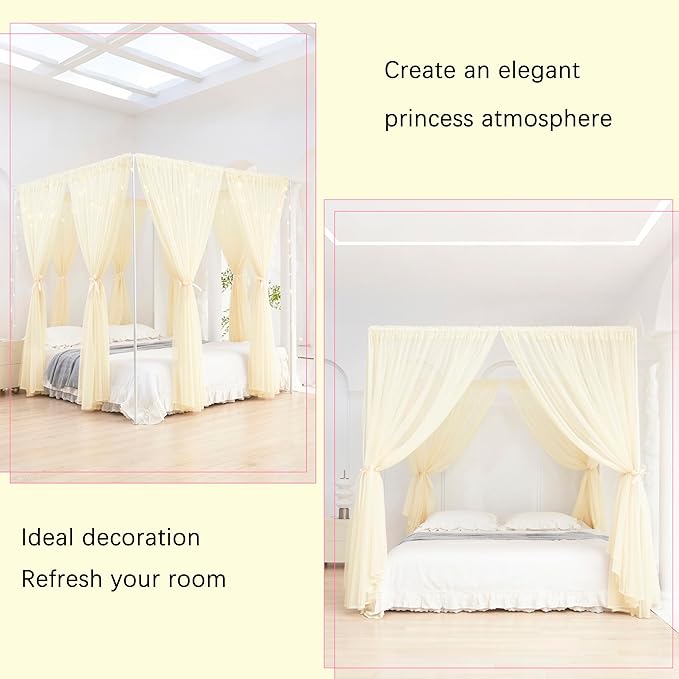 Akiky Ivory Canopy Bed Curtains with Lights 8 Panel Canopy Curtains Drapes for Twin Size Bed Large Rod Pocket Sheer Canopy Bed Drapes