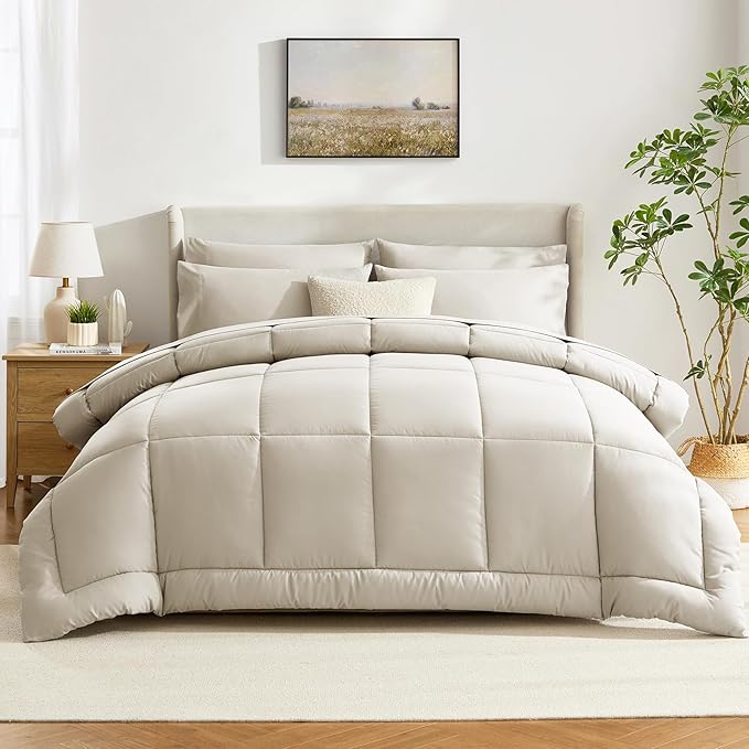 CozyLux Full Size Comforter Sets Oatmeal, 7 Pieces Bed in a Bag, Oatmeal Comforter Full Size, All Season Bedding Sets with Stitch Quilted Comforter, Flat Sheet, Fitted Sheet, Pillowcases