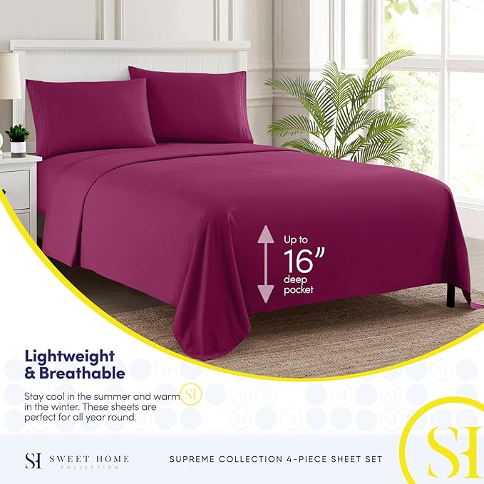 Twin XL Sheets - Breathable Luxury Sheets with Full Elastic & Secure Corner Straps Built In - 1800 Supreme Collection Extra Soft Deep Pocket Bedding Set, Sheet Set, Twin XL, Berry