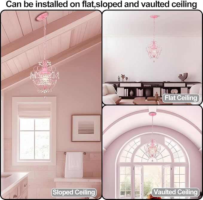 Pink Chandelier for Bedroom, 90% Pre-Assembled 1 Light Small Crystal Chandelier, Mini Acrylic Crystal Ceiling Light Fixture Charming for Girls Room, Closet, Bathroom, Entryway, Dining Room
