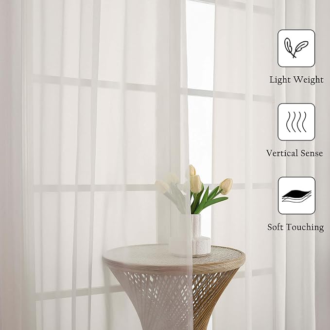 Ivory Sheer Curtains 96 Inches Long 2 Panels Set, Solid Airy Voile Dual Rod - Image 3