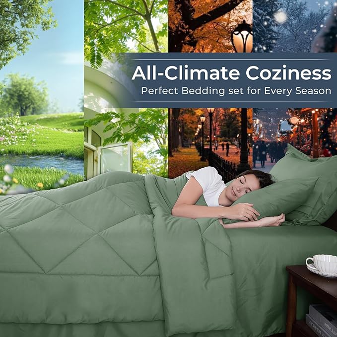 HEVUMYI Sage Green Full Comforter Set - 7-Piece All Season Bed in a Bag Full, Ultra Soft Bedding Set with Comforter, Flat Sheet, Fitted Sheet, Pillowcases, Pillow Shams, Sage Green