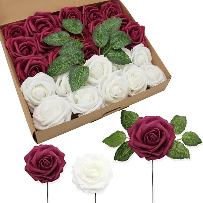 Artificial Flowers Realistic White & Wine Red Roses, Real Looking Fake Roses with Stem for DIY Wedding Bouquets Centerpieces Bridal Shower Party Home Romantic Decorations (White & Wine Red, 100pcs)