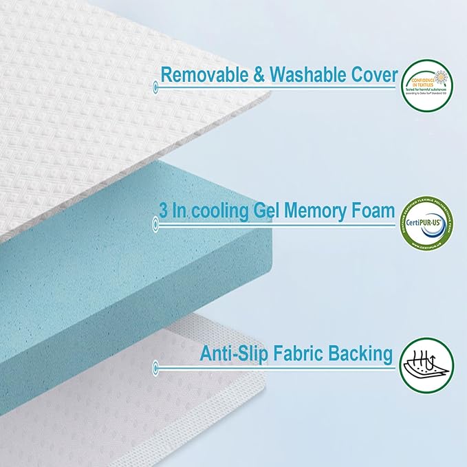 EDILLY 3 Inch Cooling Gel Memory Foam Mattress Topper Twin Size,with Removable & Washable Bamboo Cover,Soft Breathable Mattress Pad,Bed Topper for Back Pain Relief (38x75)