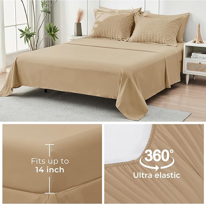 HYMOKEGE Khaki Twin Comforter Set Seersucker 5 Pieces, All Season Luxury Bed in a Bag for Bedroom, Bedding Set with Comforter, Sheets, Pillowcase & Sham