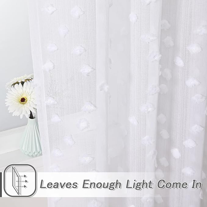 MYSKY HOME Pom Pom White Sheer Curtains for Bedroom Girls Room Curtains 72 Inches Long for Nursery Kids Light Filtering Boho Window Drapes, Rod Pocket, 52" Wide, 2 Panels