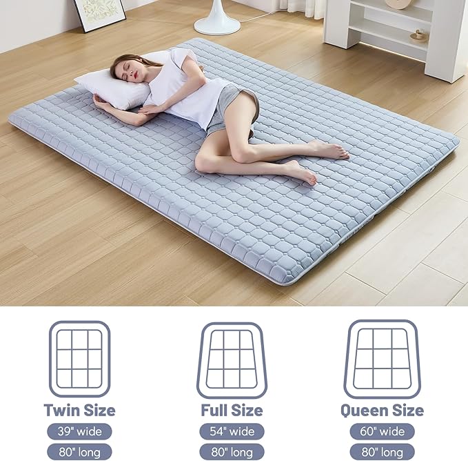 Japanese Floor Mattress Queen, Anti-Slip Japanese Futon Foldable Tatami Mat for Guests, Grey