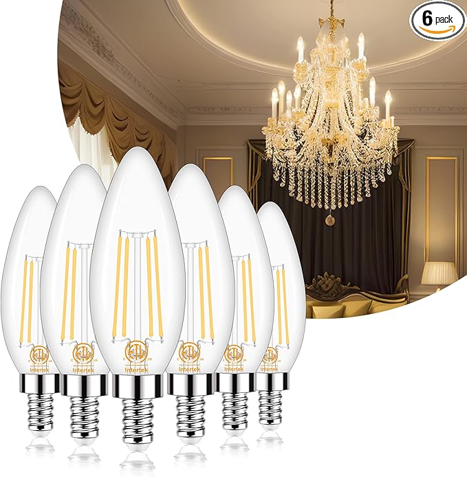 Honesorn E12 LED Bulb Dimmable, 60-Watt Equivalent, Candelabra Led Light Bulbs, 3000k Warm White, Type B Chandelier Light Bulb for Ceiling Fan, C35 B11 Candle led for Candelabra Base, 6 Pack