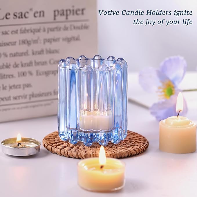 6 PCS Votive Candle Holder, Blue Glass Candle Holders, Tealight Candle Holder for Wedding Centerpieces Dinner Party Baby Shower Table Decor