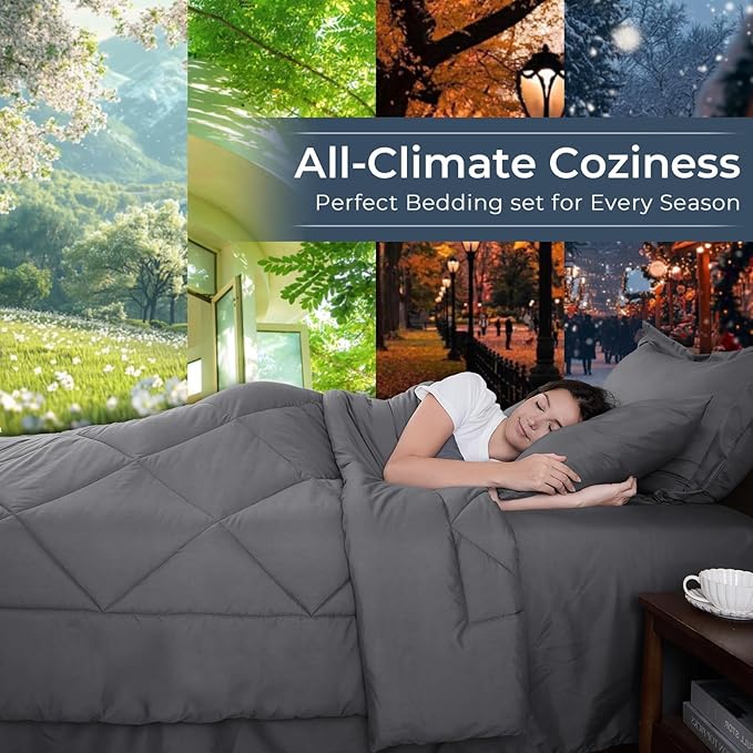 HEVUMYI Oversized Queen Comforter Set Dark Grey - 7-Piece All Season Bed in a Bag Oversized Queen, Soft Bedding Set with Comforter, Flat Sheet, Deep Pocket Fitted Sheet, Pillowcases, Pillow Shams