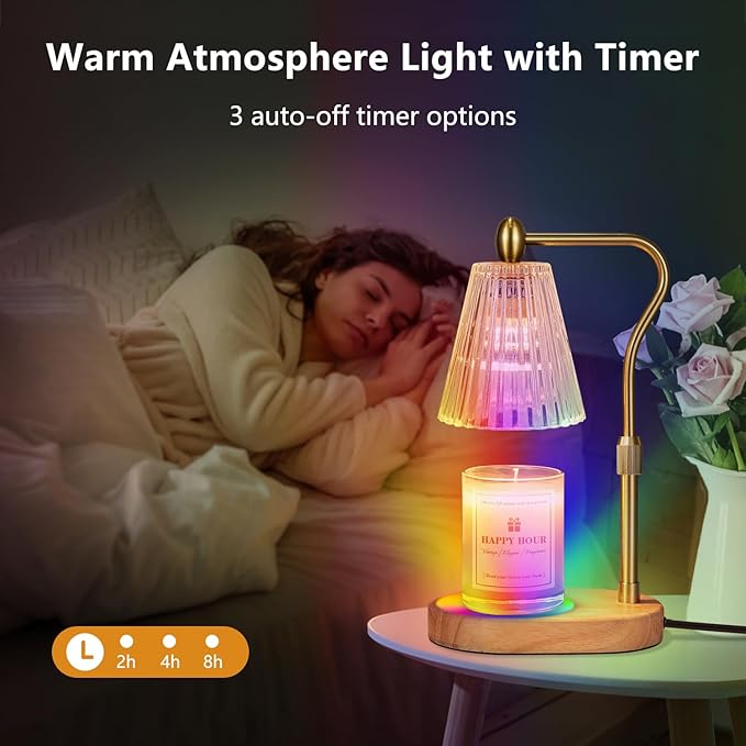 Dimmable Candle Warmer Lamp with RGB Mode & Timer, Electric Melting Lamps for Jar Candles, Wax Melt Warmers for Home Bedroom Decor (8 Colors LED Changing)
