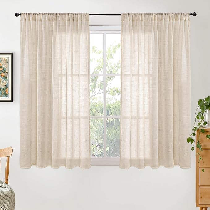 BGment Tan Linen Curtains 45 Inch Length 2 Panels, Burlap Semi Sheer Drapes | by BGment