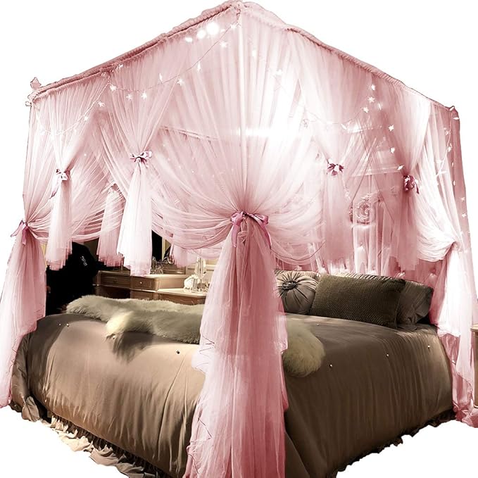 Joyreap 4 Corners Post Pink Canopy Bed Curtain for Girls & Adults - King Size Royal Luxurious Cozy Drape Netting- Cute Princess Bedroom Decoration Accessories