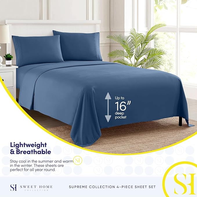 Twin Sheets - Breathable Luxury Sheets with Full Elastic & Secure Corner Straps Built In - 1800 Supreme Collection Extra Soft Deep Pocket Bedding Set, Sheet Set, Twin, Denim