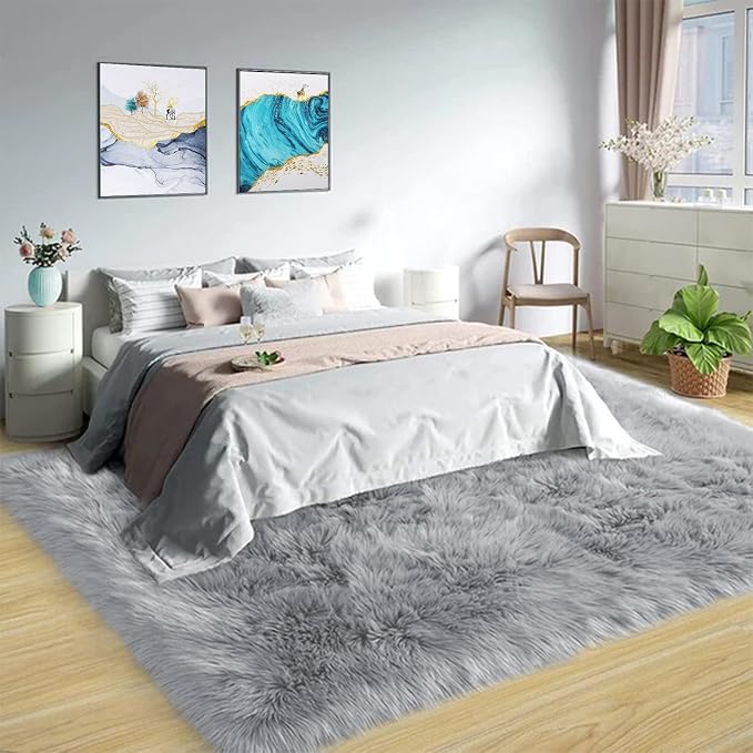 Latepis Grey Faux Fur 7'10"x9'10" Area Rug, Soft Plush Faux Fur Sheepskin Rugs by Latepis
