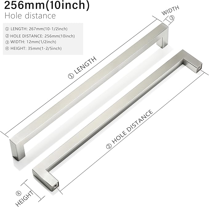 Cabinet Pulls Brushed Nickel Cabinet Handles Square Drawer Pulls, 5 Pack 10 Inch Stainless Steel Kitchen Door Cupboard Cabinet Handles, Cabinet Hardware Drawer Handles, 256mm Hole Centers