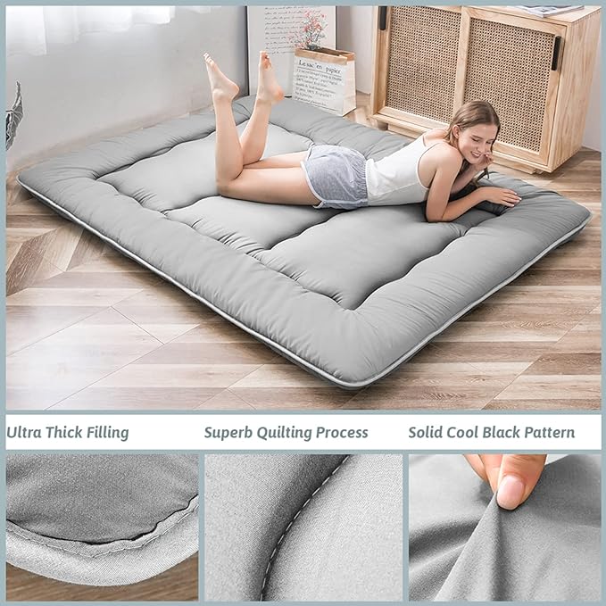 MAXYOYO Japanese Floor Mattress, Thicken Daybed Futon Sleeping Pad Foldable Roll Up Mattress Boys Girls Dormitory Floor Lounger Bed Couches and Sofas, Grey, Twin Size