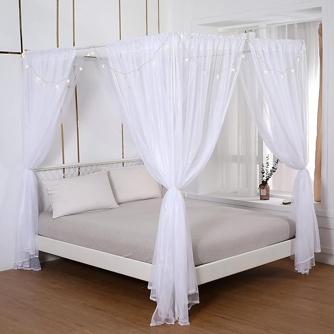 Akiky Princess Canopy Bed Curtains Set with Star Light Sheer Curtain for King Size Bed,8 Panels Canopies (King, White)