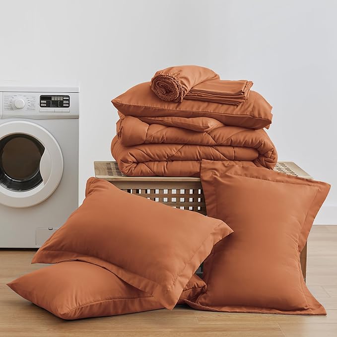 Love's cabin Full Comforter Set Terracotta, 7 Pieces Full Bed in a Bag, All Season Bedding Sets with 1 Comforter, 1 Flat Sheet, 1 Fitted Sheet, 2 Pillowcase and 2 Pillow Sham