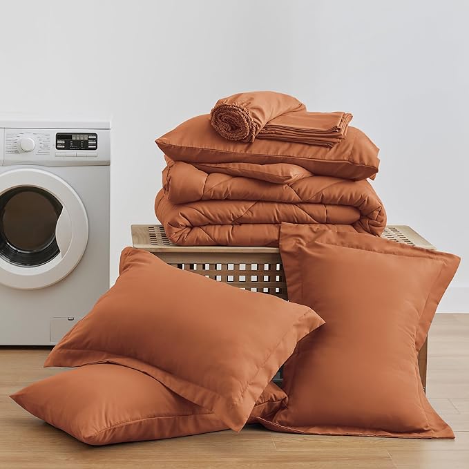 Love's cabin Queen Comforter Set Terracotta, 7 Pieces Queen Bed in a Bag, All Season Bedding Sets with 1 Comforter, 1 Flat Sheet, 1 Fitted Sheet, 2 Pillowcase and 2 Pillow Sham