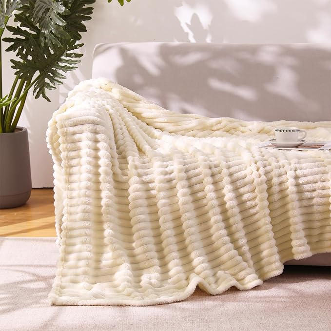 Beige Throw Blanket for Couch Sofa 60”x80” Striped Design - Image 3